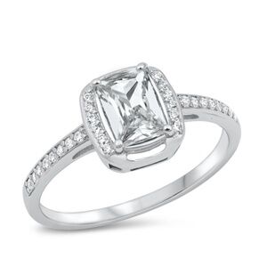 Cubic Zirconia & Sterling Silver Rectangular Solitaire Halo Ring